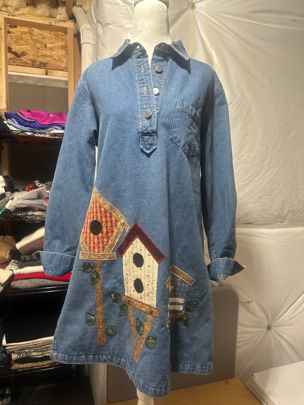 Studio 25 Denim Button-Up Shirt dress with birdhouses